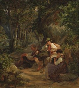 Drie Beierse boeren rusten op een Alpenpad, 1841
