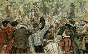 Henri de Guise (1549-1588), leider van de Katholieke Liga, toegejuicht door de Parijzenaars na de dag van de barricades (12 mei 1588). Illustratie 1907, door Hermann Vogel (1856-1918). Particuliere collectie.