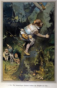 De gedurfde jongen was het mikpunt van spot. Verhaal van de gebroeders Jacob Grimm (1785-1863) en Wilhelm Grimm (1786-1859). Illustratie van Vogel.