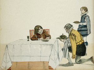 De jonge Lodewijk XIII (1601-1643), nog geen koning, bediend door zijn gouverneur na de dood van zijn vader Hendrik IV (1553-1610). Illustratie