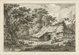 Boerderij met vrouw, kind en hond