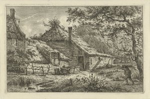 Boerenerf met man met sprokkelhout