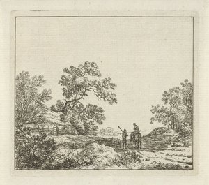 Landschap met man te voet en vrouw te paard