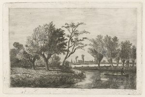 Rivier met een hengelaar in een boot door Hermanus Jan Hendrik van Rijkelijkhuysen