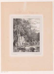 Landschap met man, vrouw en twee ezels bij een bron door Hermanus Johannes van den Hout