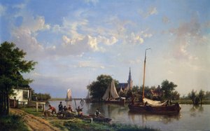 Aken op een kanaal in de zomer door Hermanus Koekkoek