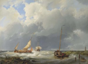 Kusttafereel met vissersschepen door Hermanus Koekkoek