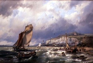Zeilvaartuigen en een Kanaalveerboot bij Folkstone door Hermanus Koekkoek