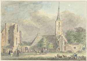 Kerk en ruïne van de abdij te Rijnsburg door Hermanus Petrus Schouten