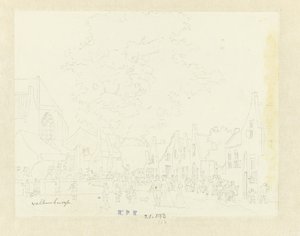 Markt in het dorp Valkenburg door Hermanus Petrus Schouten