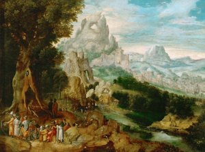 Landschap met Sint Jan de Doper predikend door Herri met de (c.1510 p.1550) Bles
