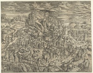 Landschap met Kruisdraging door Herri met de Bles