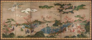 De esdoornkijkers - Vouwscherm in zes panelen - Werk van Kano Hideyori door Hideyori Kano