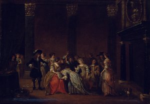 Een elegant gezelschap in een interieur met een huwelijksgeschil door Hieronymus (follower of) Janssens