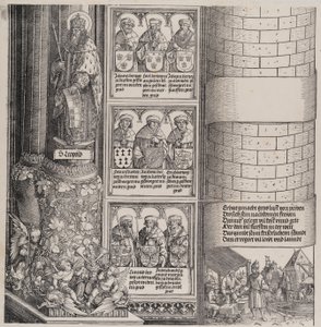 Maximiliaan als architect, met een standbeeld van Sint Leopold en bustes van Maximiliaans voorouders, 1517-1518 door Hieronymus Andreae