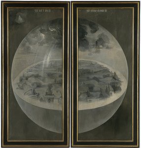 De tuin der lusten. Drieluik, achterzijde: De schepping door Hieronymus Bosch