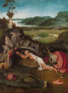 De heilige Hiëronymus in de woestijn. Rond 1490 door Hieronymus Bosch