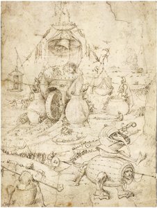 Infernaal Landschap door Bosch, Jheronimus (ca. 1450-1516). Pen, bruine Indiase inkt op papier, ca. 1500, Privécollectie door Hieronymus Bosch