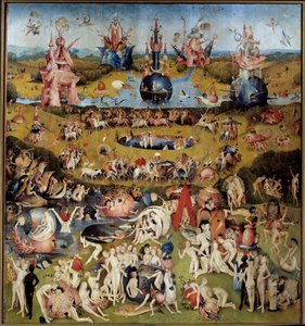 De Tuin der Lusten. Middenpaneel: de geliefden die van de vruchten genieten door Hieronymus Bosch