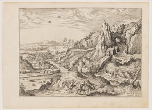 Abraham en Isaak op weg naar het offer, uit Landschappen met Bijbelse en Mythologische Scènes door Hieronymus Cock