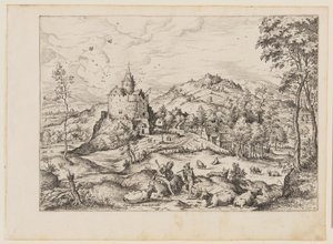 Mercurius die Argus in slaap sust, uit Landschappen met bijbelse en mythologische scènes door Hieronymus Cock