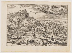 Mercurius met het hoofd van Argus in zijn hand, uit Landschappen met bijbelse en mythologische scènes door Hieronymus Cock