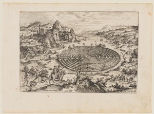 Het Kretenzische labyrint, uit Landschappen met bijbelse en mythologische scènes door Hieronymus Cock
