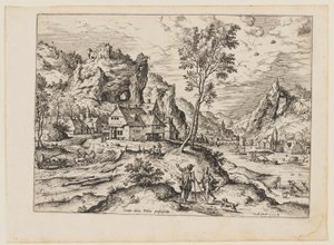 Tobias met de engel en de hond, uit Landschappen met bijbelse en mythologische scènes door Hieronymus Cock