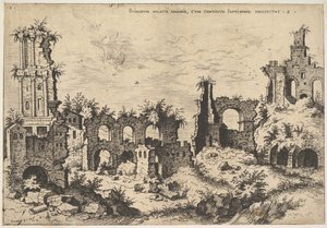 Uitzicht op ruïnes op de Palatijnse Heuvel met trabeate gevel links en arcades in het midden, 1550