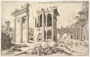 Uitzicht op niet-geïdentificeerde ruïnes met trabeate gevel links, arcades in het midden en boog rechts