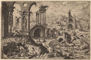 Sint Hiëronymus in een landschap met ruïnes