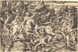 Gevecht tussen Ruiters en Voetsoldaten door Hieronymus Hopfer after Raphael