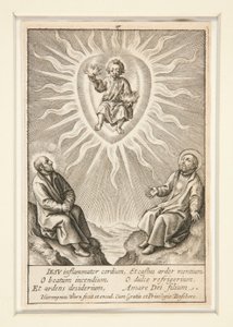 De Baby met een Brandend Hart Tussen Ignatius van Loyola en Franciscus Xaverius door Hieronymus Wierix