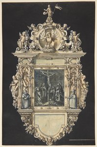 Ontwerp voor een epitaaf met de kruisiging van Christus. Een rijk versierde lijst met talrijke figuren door Hieronymus Wierix