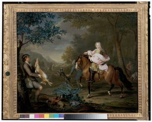 Een Heer te Paard met Jagers in een uitgestrekt Landschap door Hieronymus van der Mij