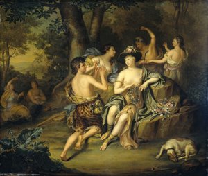 Herders en herderinnen in een landschap (Kroning van Mirtillo door Amarillis) door Hieronymus van der Mij