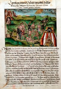 Venezolanen vallen Spaanse conquistadores aan, ca. 16e eeuw