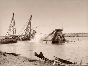 Ontploffing van een baggerschip in een kanaal door Hippolyte Arnoux