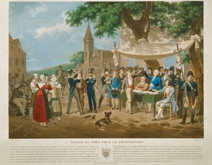 Gravure naar Lecomte: Dienstplichtigen loten (gravure) door Hippolyte Lecomte