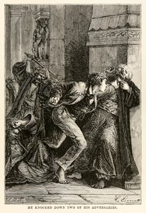 Hij sloeg twee van zijn tegenstanders neer, uit De Reis om de Wereld in Tachtig Dagen door Jules Verne (1828-1905), gegraveerd door Louis Dumont (b.1822), 1873 door Hippolyte Leon Benett