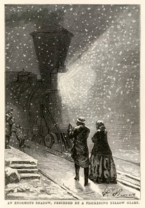 Een enorme schaduw, voorafgegaan door een flikkerende gele gloed, uit De Reis om de Wereld in Tachtig Dagen door Jules Verne (1828-1905) gegraveerd door Adolphe François Pannemaker (1822-1900), 1873 door Hippolyte Leon after Benett