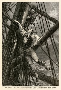 Hij hielp overal mee en verbaasde de bemanning, uit De Reis om de Wereld in Tachtig Dagen door Jules Verne (1828-1905) gegraveerd door Henri-Théophile Hildebrand (1824-97), 1873 door Hippolyte Leon after Benett