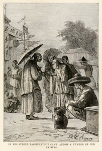 Tijdens zijn wandeling kwam Passepartout een aantal oude inboorlingen tegen, uit De Reis om de Wereld in Tachtig Dagen door Jules Verne (1828-1905), gegraveerd door Adolphe François Pannemaker (1822-1900), 1873