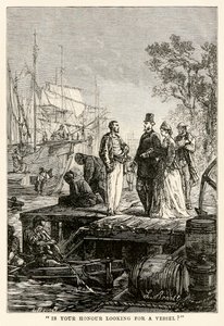 Zoekt uw eer een schip?, uit De Reis om de Wereld in Tachtig Dagen door Jules Verne (1828-1905), gegraveerd door Louis Prevost, 1873 door Hippolyte Leon after Benett