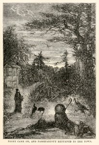 De nacht viel, en Passepartout keerde terug naar de stad, uit De Reis om de Wereld in Tachtig Dagen door Jules Verne (1828-1905), gegraveerd door Louis Prevost, 1873 door Hippolyte Leon after Benett