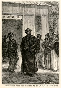 Passepartout ging naar buiten gehuld in een oude Japanse mantel, uit De Reis om de Wereld in Tachtig Dagen door Jules Verne (1828-1905), gegraveerd door Louis Prevost, 1873 door Hippolyte Leon after Benett
