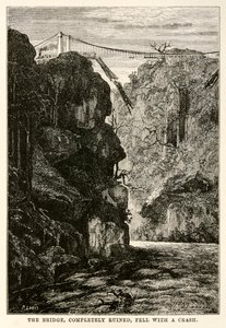 De brug, volledig verwoest, viel met een klap, uit De Reis om de Wereld in Tachtig Dagen door Jules Verne (1828-1905) gegraveerd door Louis, 1873 door Hippolyte Leon after Benett