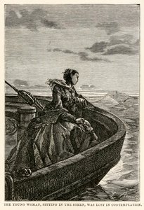 De jonge vrouw, zittend in de achtersteven, was verloren in contemplatie, uit De Reis om de Wereld in Tachtig Dagen door Jules Verne (1828-1905), gegraveerd door Jean Louis Prevost, (1790-1850), 1873