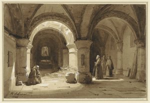 Kloostergewelven met monniken door Hippolyte Victor Valentin Sebron