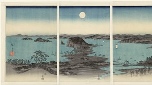 Avond panorama op de acht gezichten op Kanazawa in de provincie Musashi